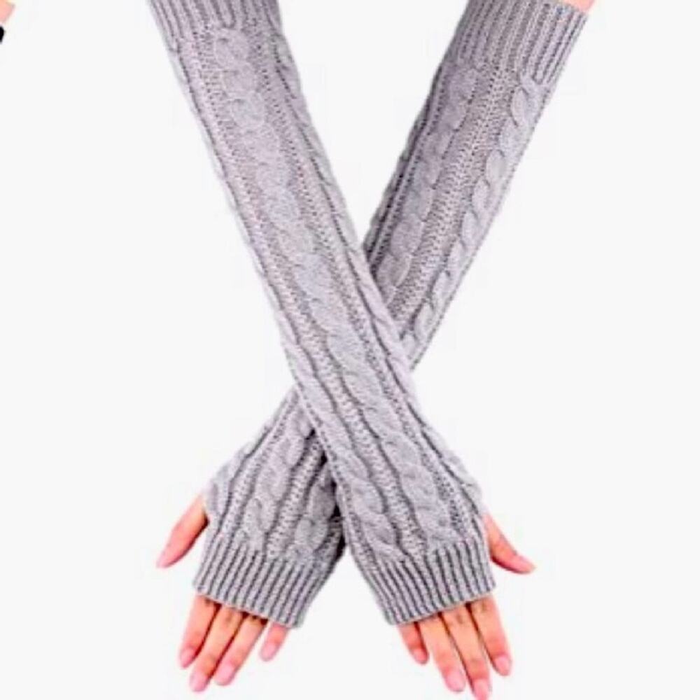 Long Fingerless Gloves with Thumb Hole Grey